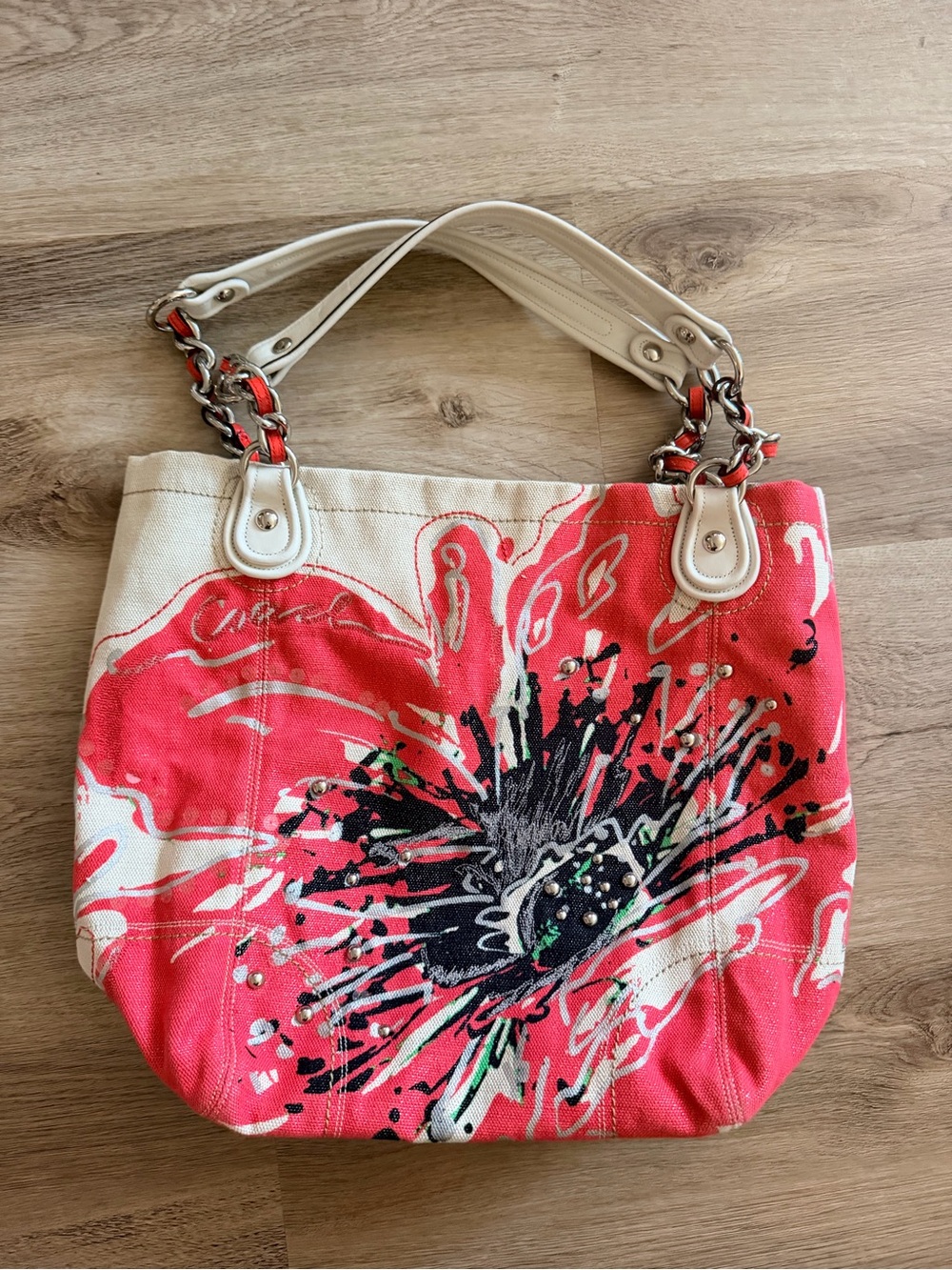 Coach Canvas Floral Tote Bag in Coral and Cream